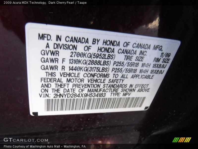 Dark Cherry Pearl / Taupe 2009 Acura MDX Technology