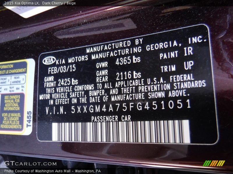 Dark Cherry / Beige 2015 Kia Optima LX