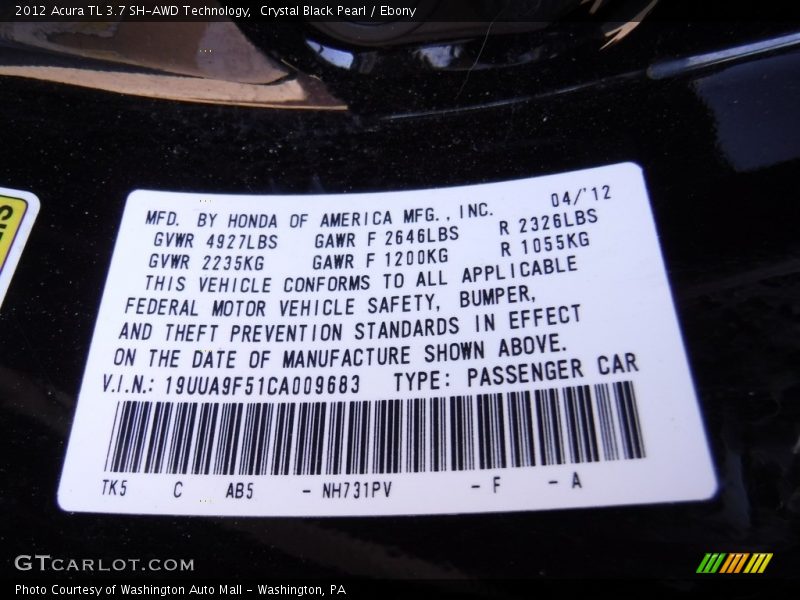 Crystal Black Pearl / Ebony 2012 Acura TL 3.7 SH-AWD Technology