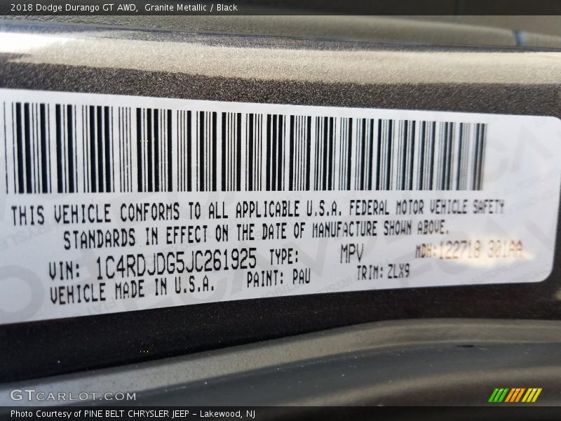 Granite Metallic / Black 2018 Dodge Durango GT AWD