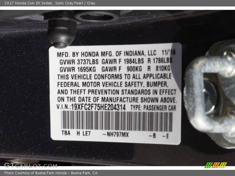 Sonic Gray Pearl / Gray 2017 Honda Civic EX Sedan