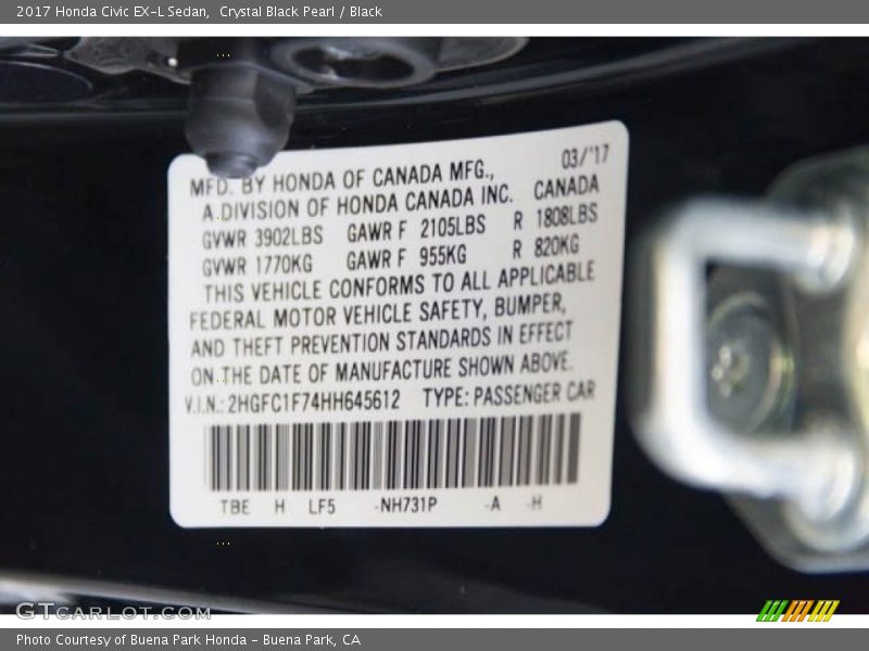Crystal Black Pearl / Black 2017 Honda Civic EX-L Sedan