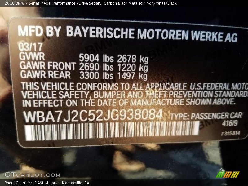 2018 7 Series 740e iPerformance xDrive Sedan Carbon Black Metallic Color Code 416