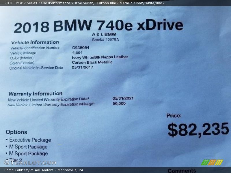 Info Tag of 2018 7 Series 740e iPerformance xDrive Sedan