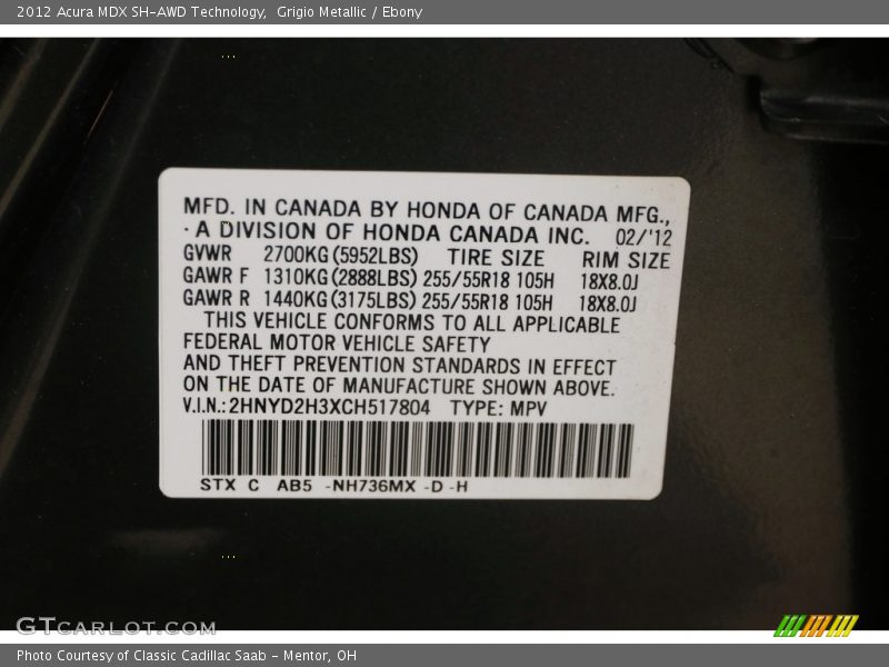 Grigio Metallic / Ebony 2012 Acura MDX SH-AWD Technology