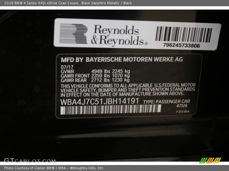 2018 4 Series 440i xDrive Gran Coupe Black Sapphire Metallic Color Code 475