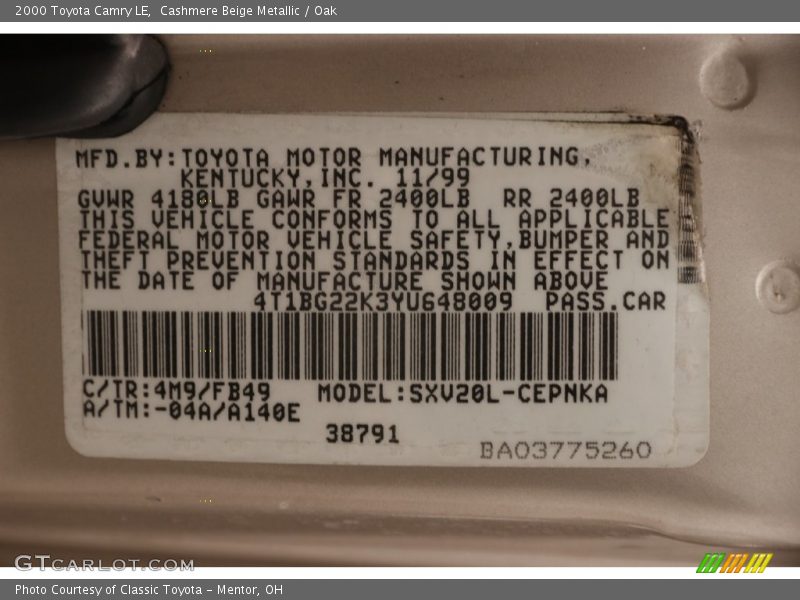 Cashmere Beige Metallic / Oak 2000 Toyota Camry LE