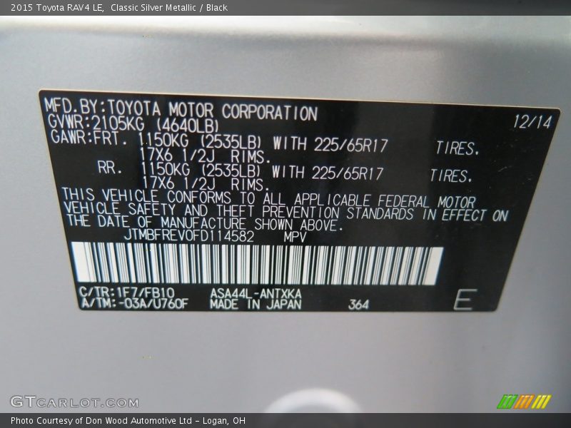 Classic Silver Metallic / Black 2015 Toyota RAV4 LE