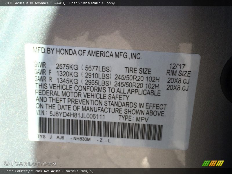 2018 MDX Advance SH-AWD Lunar Silver Metallic Color Code NH830M