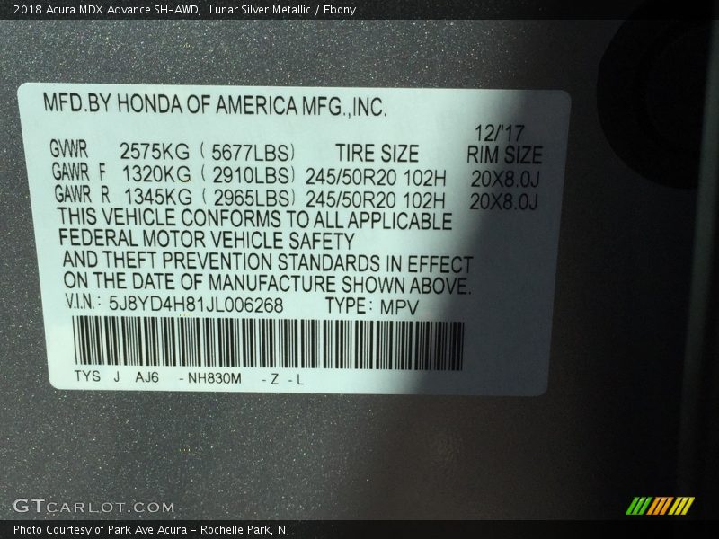 2018 MDX Advance SH-AWD Lunar Silver Metallic Color Code NH830M