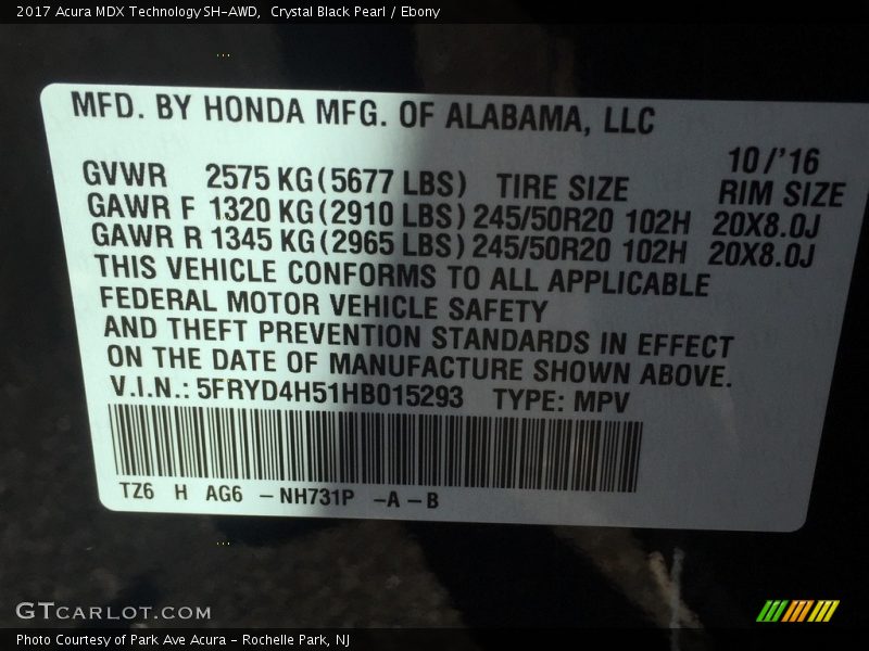 Crystal Black Pearl / Ebony 2017 Acura MDX Technology SH-AWD