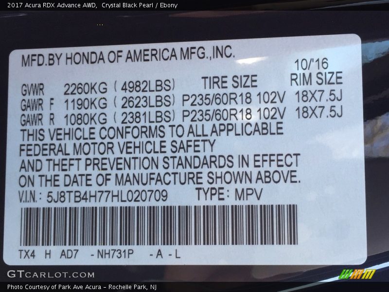 Crystal Black Pearl / Ebony 2017 Acura RDX Advance AWD