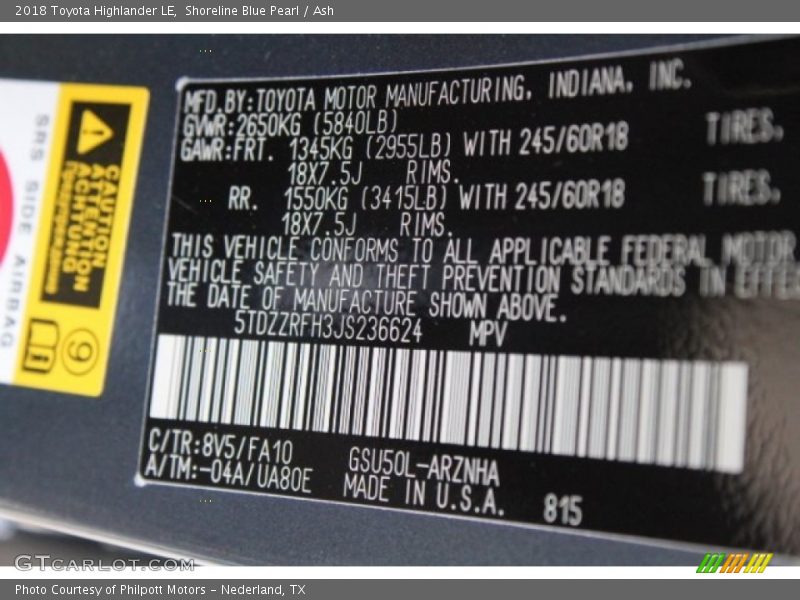 Shoreline Blue Pearl / Ash 2018 Toyota Highlander LE