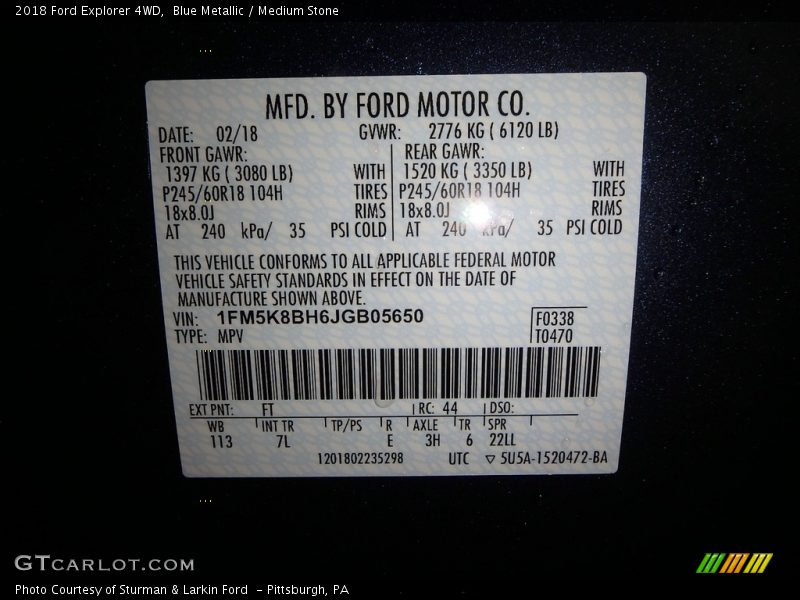2018 Explorer 4WD Blue Metallic Color Code FT