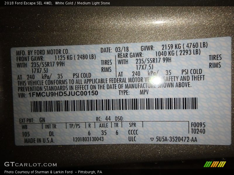White Gold / Medium Light Stone 2018 Ford Escape SEL 4WD