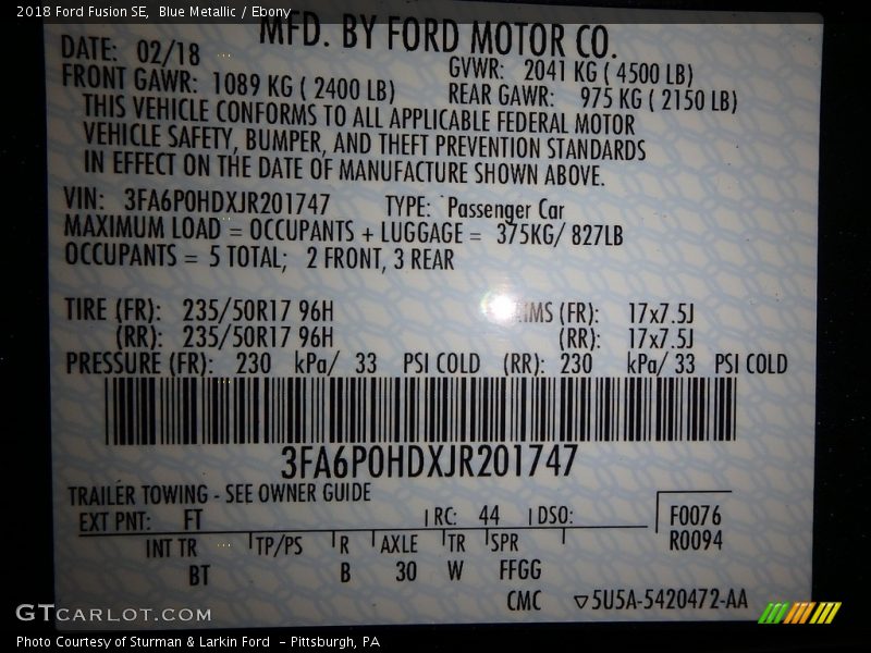 Blue Metallic / Ebony 2018 Ford Fusion SE