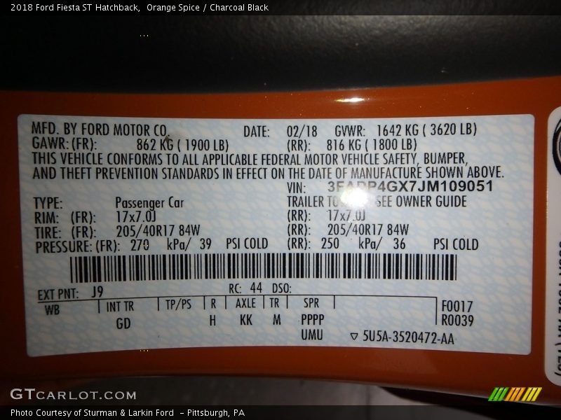 2018 Fiesta ST Hatchback Orange Spice Color Code J9
