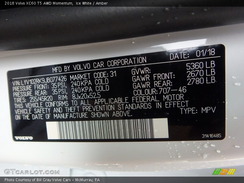 Ice White / Amber 2018 Volvo XC60 T5 AWD Momentum