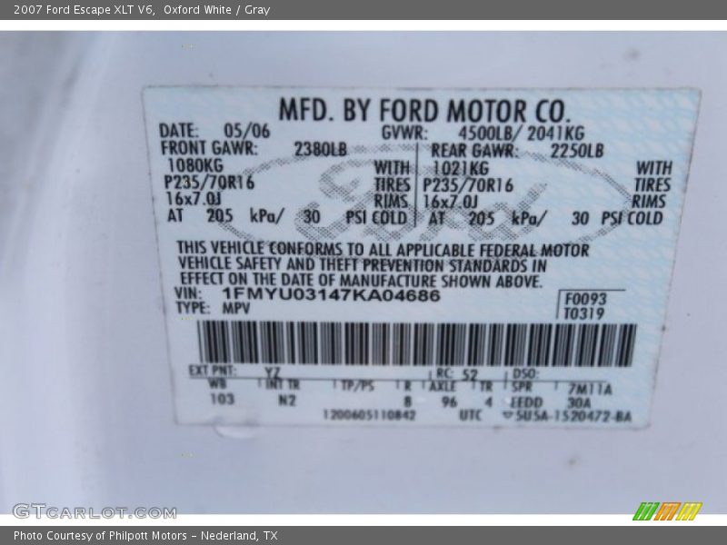 Oxford White / Gray 2007 Ford Escape XLT V6