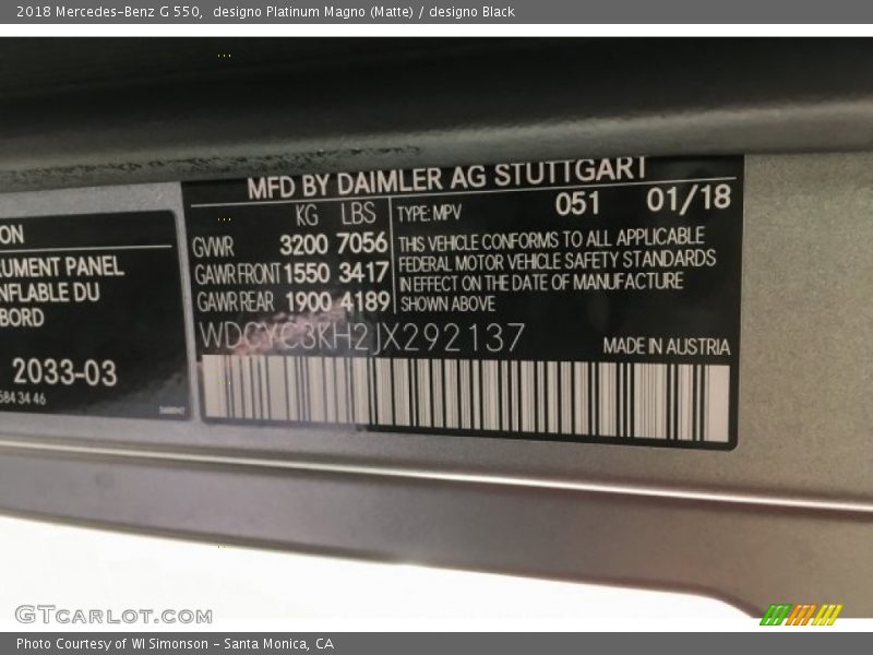 2018 G 550 designo Platinum Magno (Matte) Color Code 051