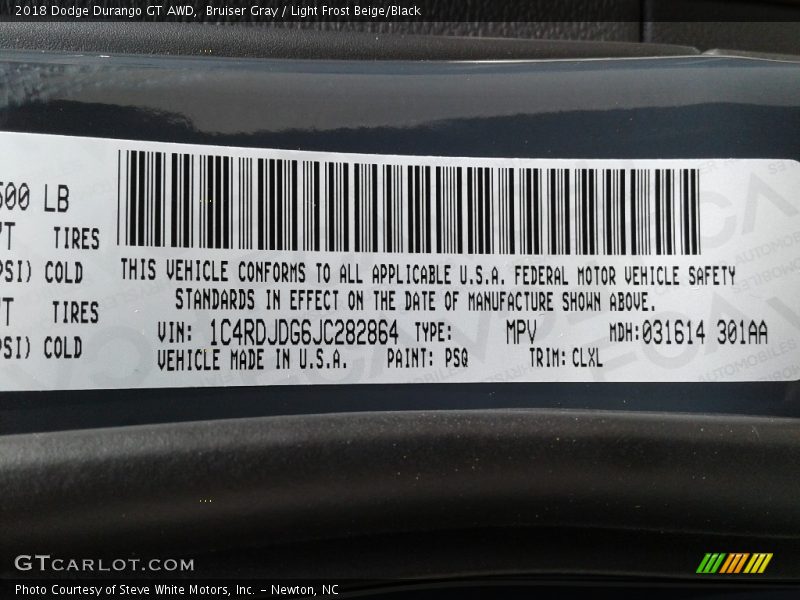 Bruiser Gray / Light Frost Beige/Black 2018 Dodge Durango GT AWD