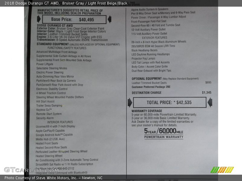 Bruiser Gray / Light Frost Beige/Black 2018 Dodge Durango GT AWD