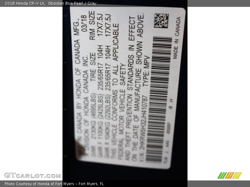 Obsidian Blue Pearl / Gray 2018 Honda CR-V LX