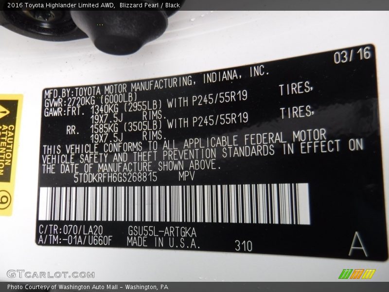 Blizzard Pearl / Black 2016 Toyota Highlander Limited AWD