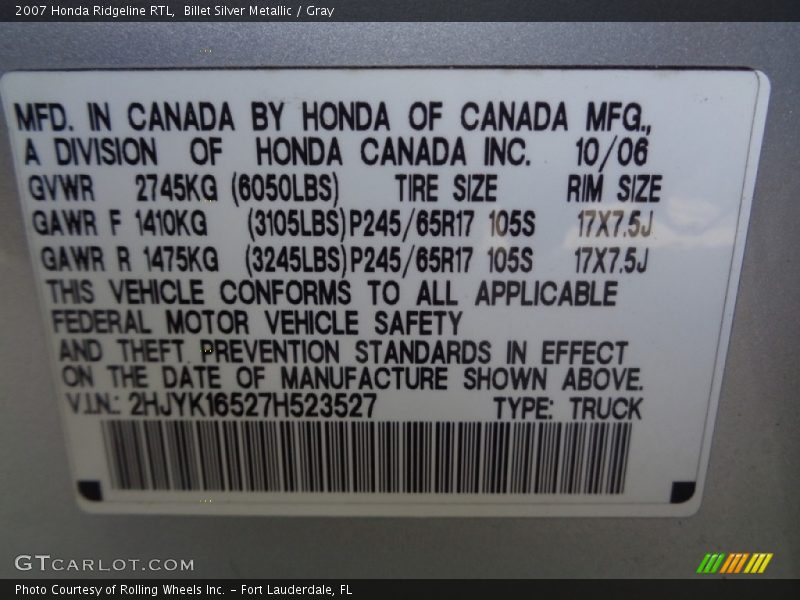 Billet Silver Metallic / Gray 2007 Honda Ridgeline RTL