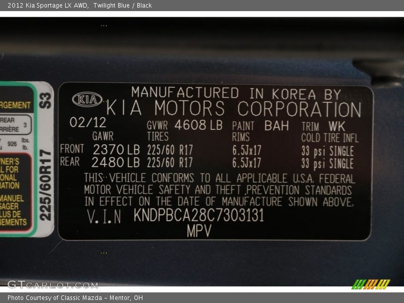 Twilight Blue / Black 2012 Kia Sportage LX AWD