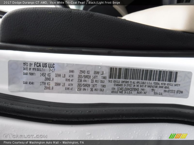 Vice White Tri-Coat Pearl / Black/Light Frost Beige 2017 Dodge Durango GT AWD