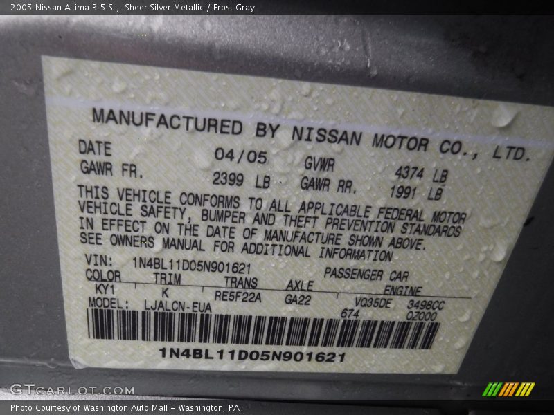 Sheer Silver Metallic / Frost Gray 2005 Nissan Altima 3.5 SL
