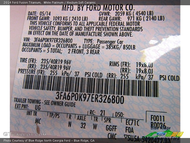 White Platinum / Medium Soft Ceramic 2014 Ford Fusion Titanium