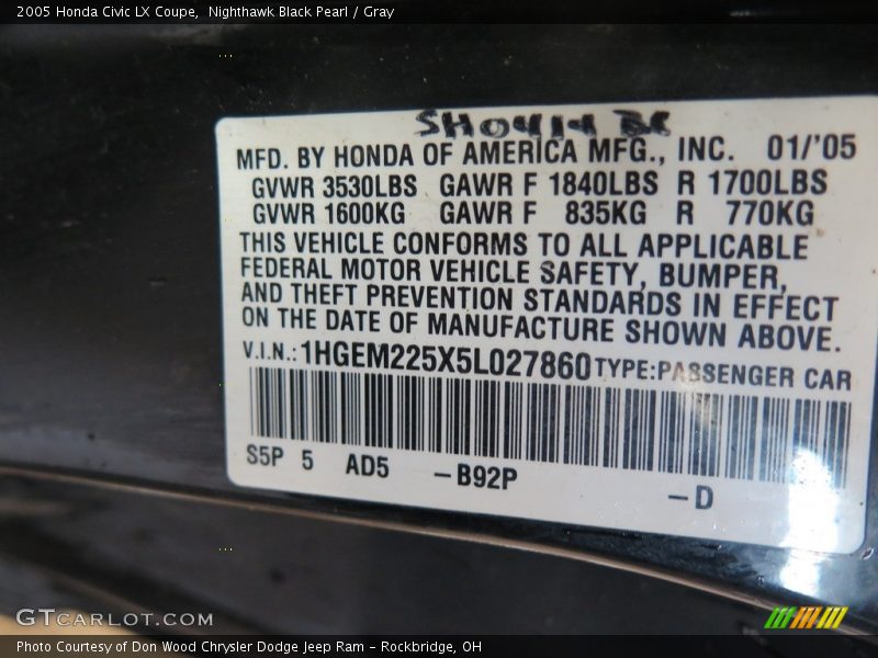 Nighthawk Black Pearl / Gray 2005 Honda Civic LX Coupe