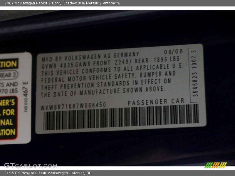 Shadow Blue Metallic / Anthracite 2007 Volkswagen Rabbit 2 Door
