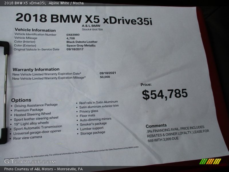 Alpine White / Mocha 2018 BMW X5 xDrive35i