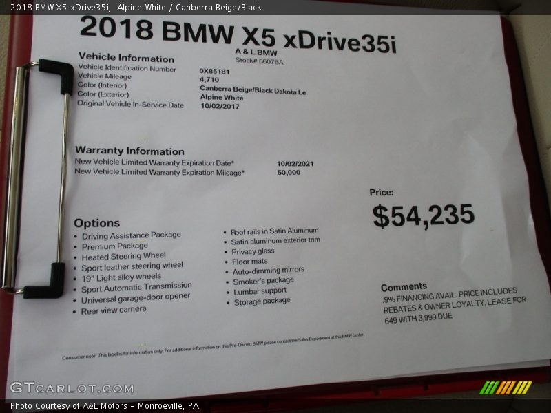 Alpine White / Canberra Beige/Black 2018 BMW X5 xDrive35i