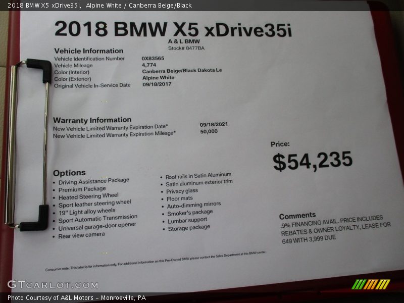Alpine White / Canberra Beige/Black 2018 BMW X5 xDrive35i