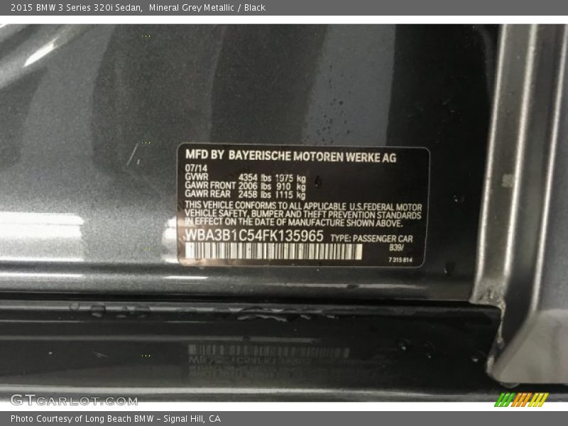 Mineral Grey Metallic / Black 2015 BMW 3 Series 320i Sedan