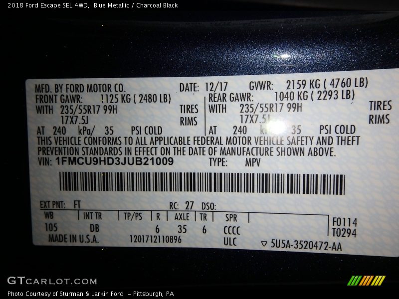 Blue Metallic / Charcoal Black 2018 Ford Escape SEL 4WD