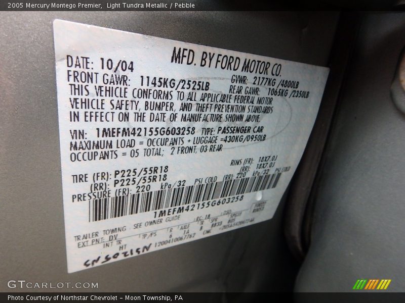 Light Tundra Metallic / Pebble 2005 Mercury Montego Premier