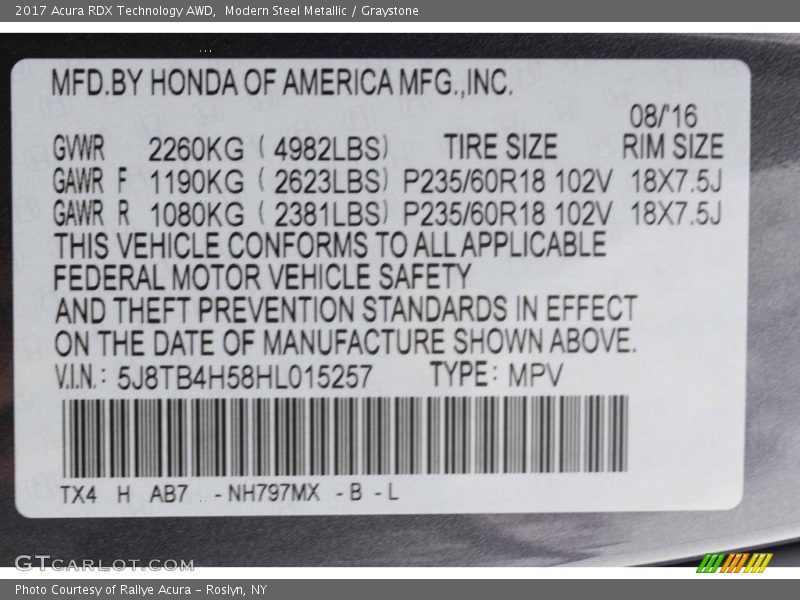 Modern Steel Metallic / Graystone 2017 Acura RDX Technology AWD