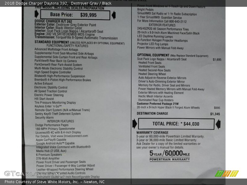 Destroyer Gray / Black 2018 Dodge Charger Daytona 392