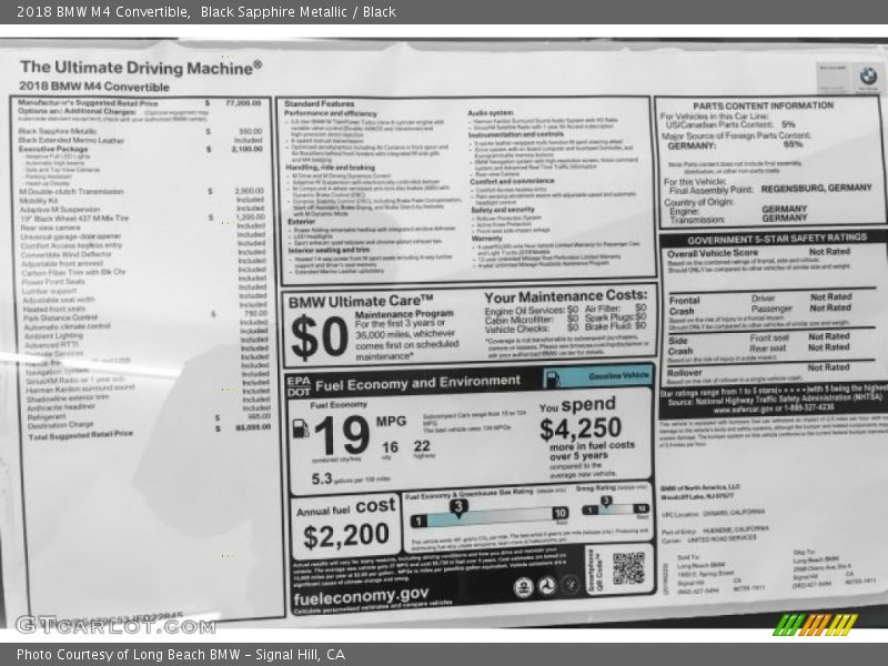  2018 M4 Convertible Window Sticker