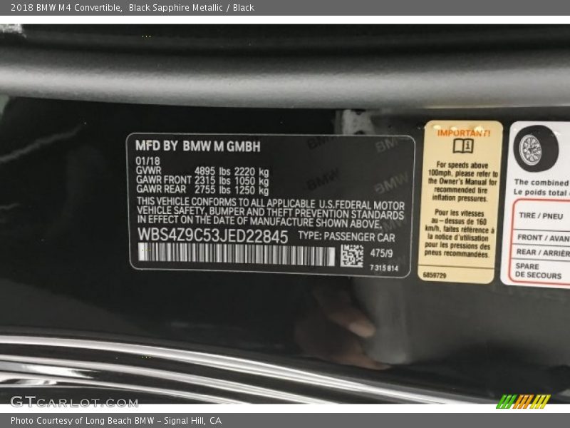 2018 M4 Convertible Black Sapphire Metallic Color Code 475