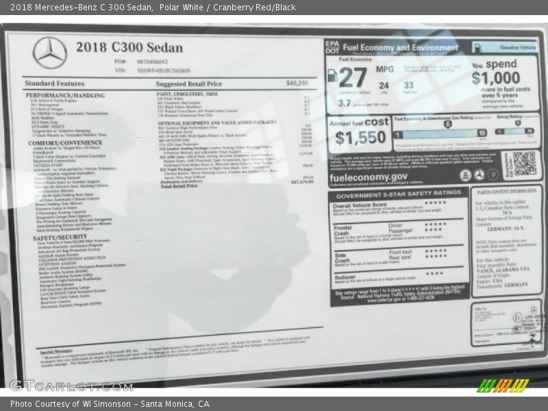 Polar White / Cranberry Red/Black 2018 Mercedes-Benz C 300 Sedan