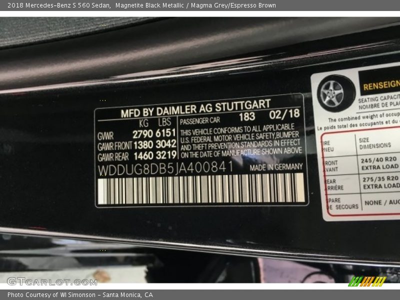 2018 S 560 Sedan Magnetite Black Metallic Color Code 183