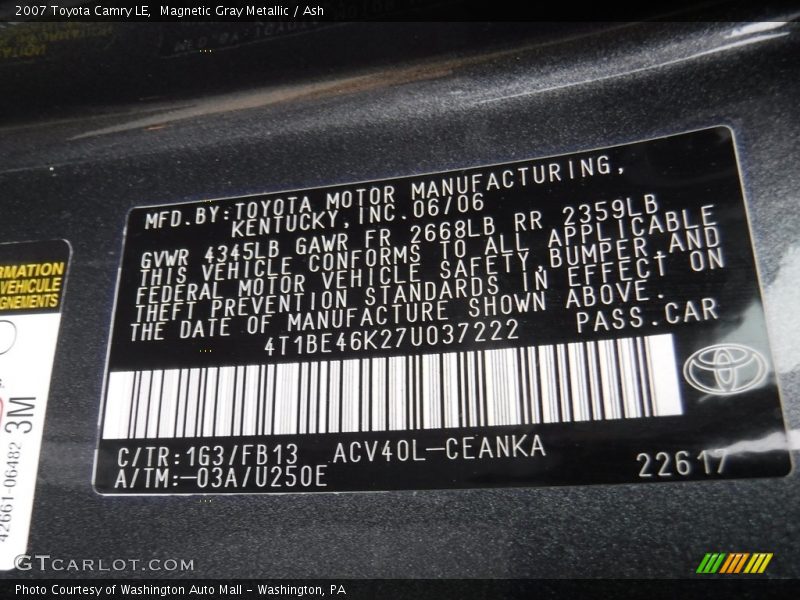 Magnetic Gray Metallic / Ash 2007 Toyota Camry LE