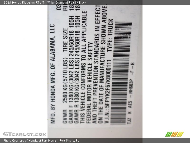 White Diamond Pearl / Black 2019 Honda Ridgeline RTL-T