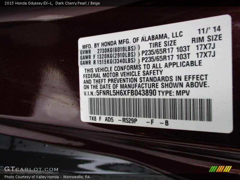 Dark Cherry Pearl / Beige 2015 Honda Odyssey EX-L